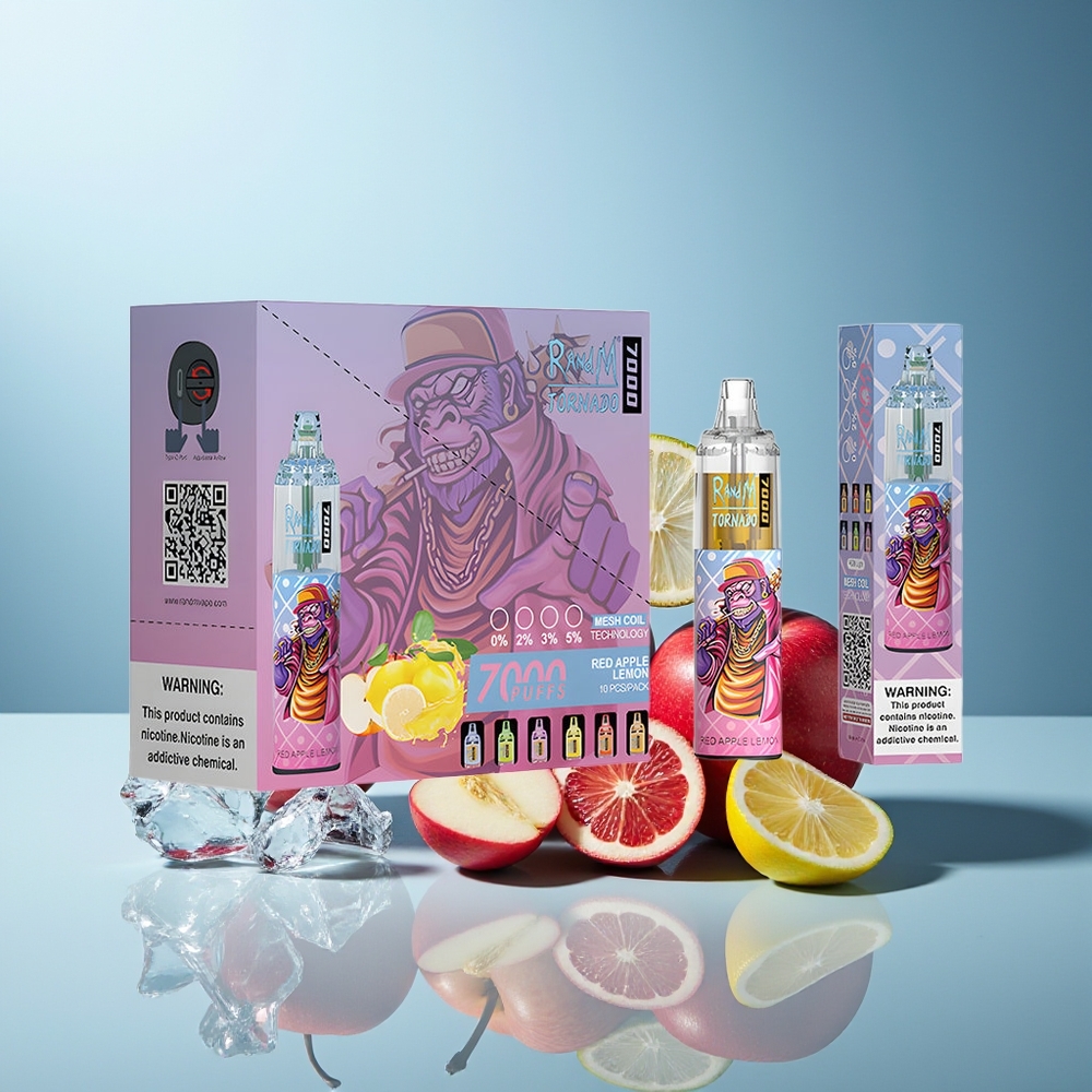 RandM Fumot Tornado 7000 Pufi Rdeča Jabolka Limona Mesh Coil